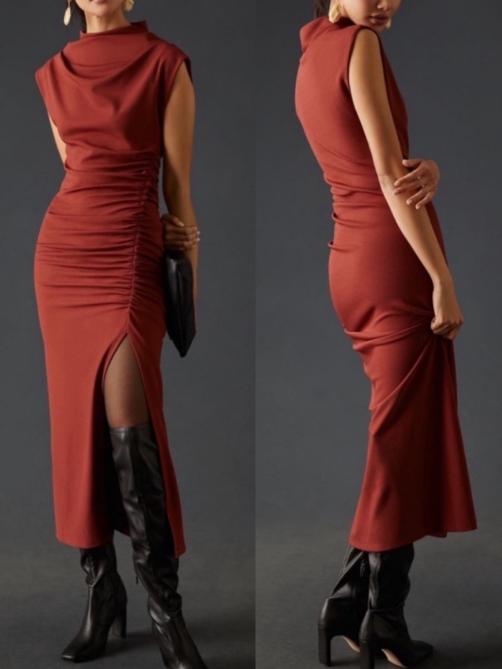 Anthropologie The Maya Ruched Cowl Neck Rust Midi Dress size MP